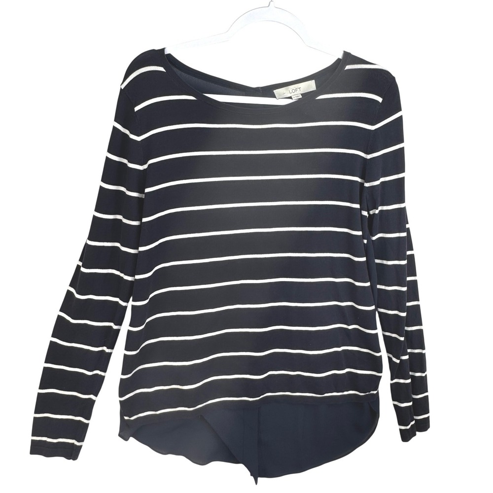 LOFT Navy and White Striped Long Sleeve Blouse